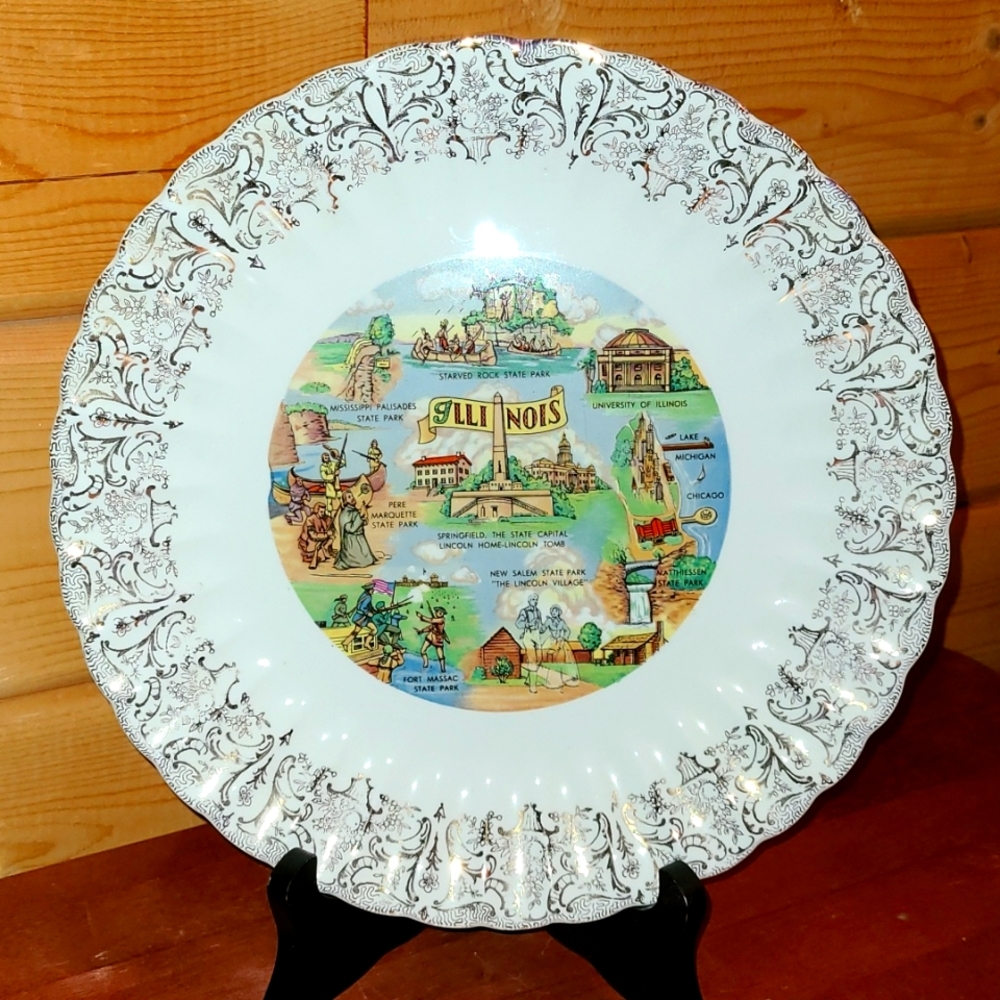 Vintage Illinois Souvenir Travel Plate Lincoln's Home, University of IL, Chicago